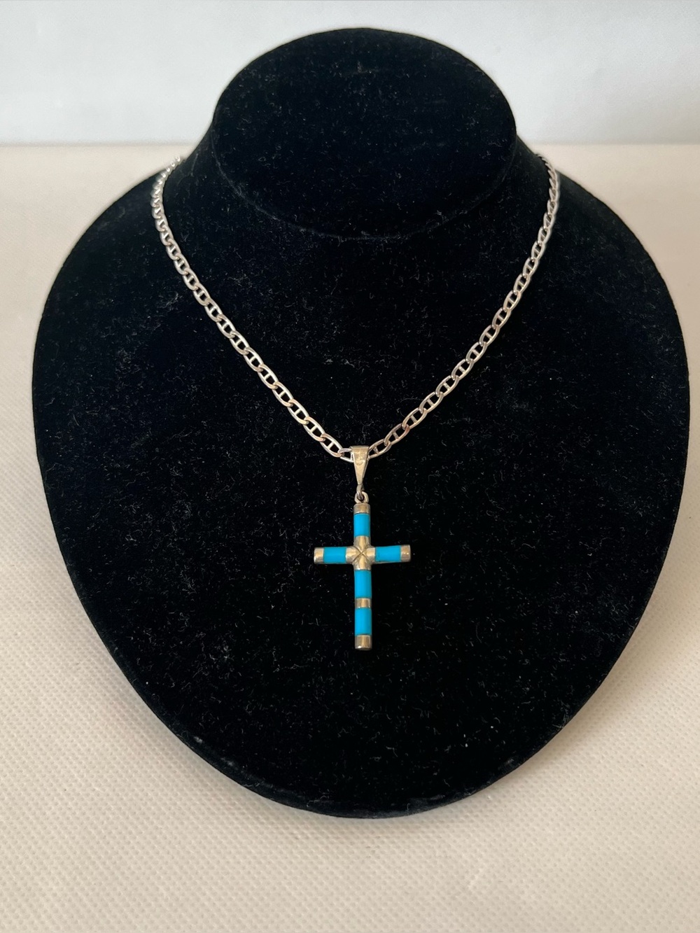 Sterling Silver Turquoise Cross Necklace Mexico